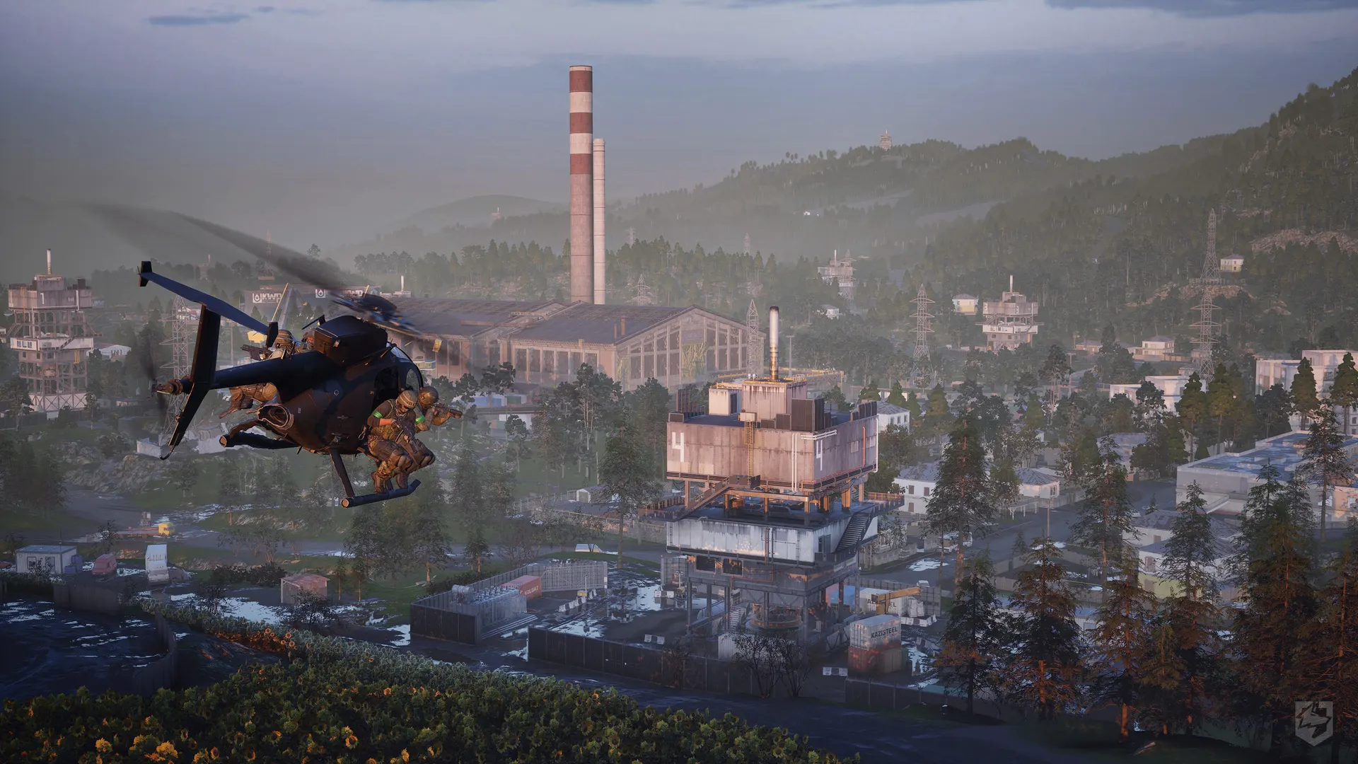 A Little Bird helicopter banking over a WARDOGS industrial town