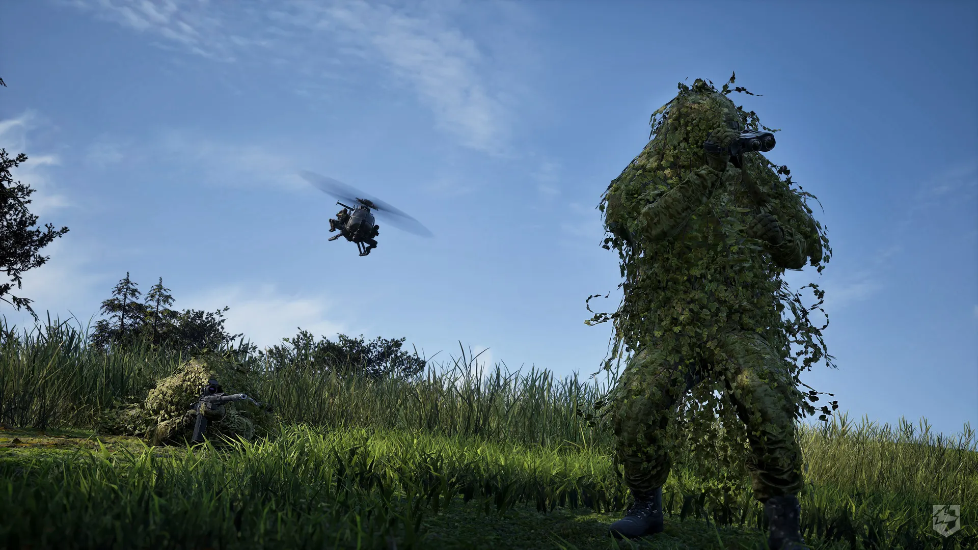 A ghillie-suited WARDOGS operator crossing a grassy field