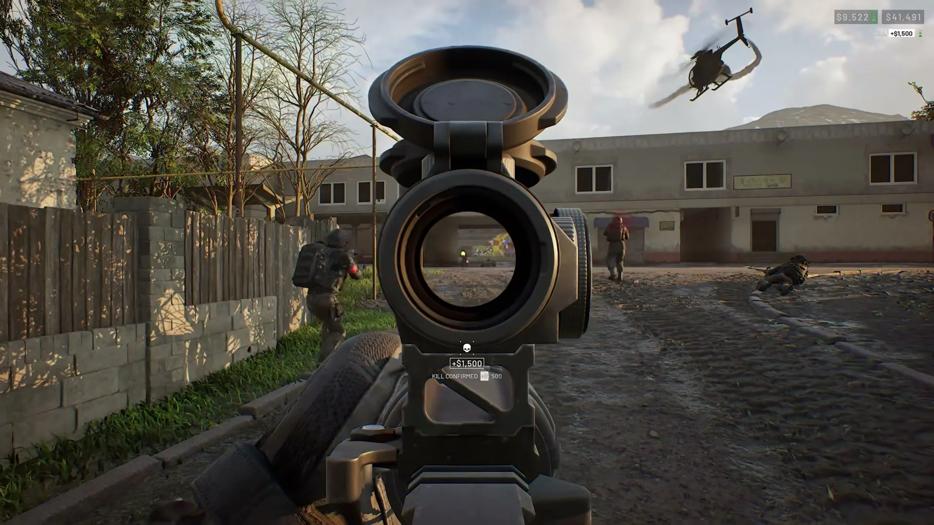 A WARDOGS rifle sight tracking infantry in an open courtyard