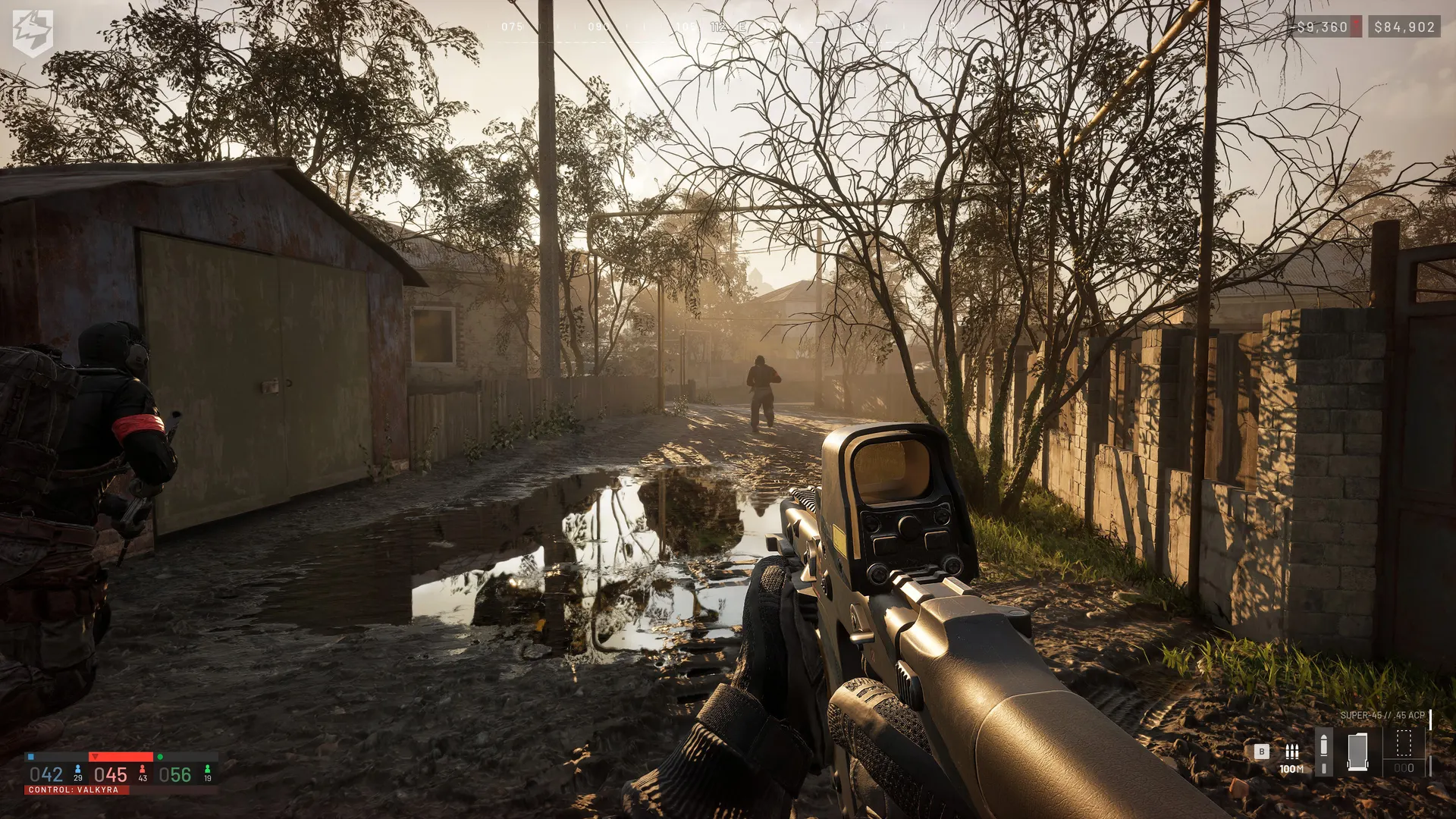First-person infantry movement along a wet residential street in WARDOGS