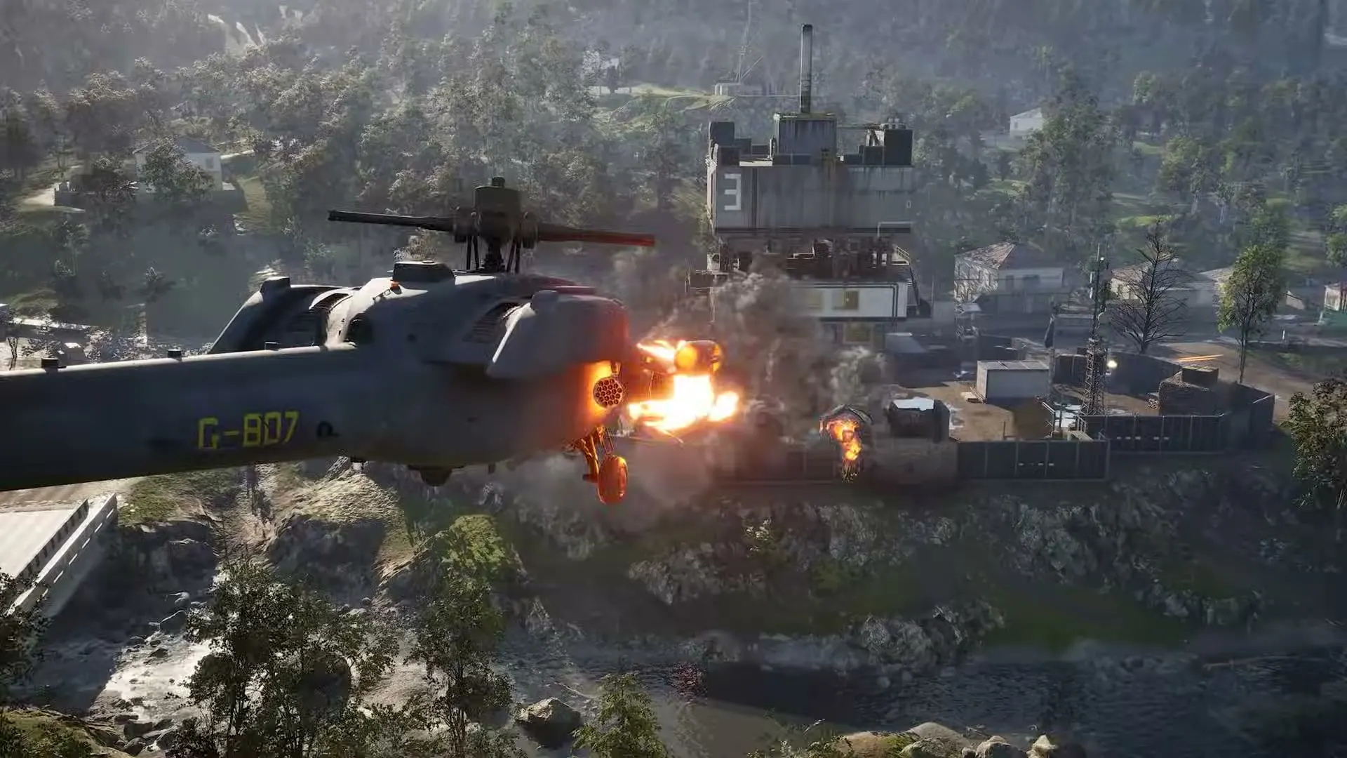 An armed WARDOGS helicopter flying above an industrial battlefield