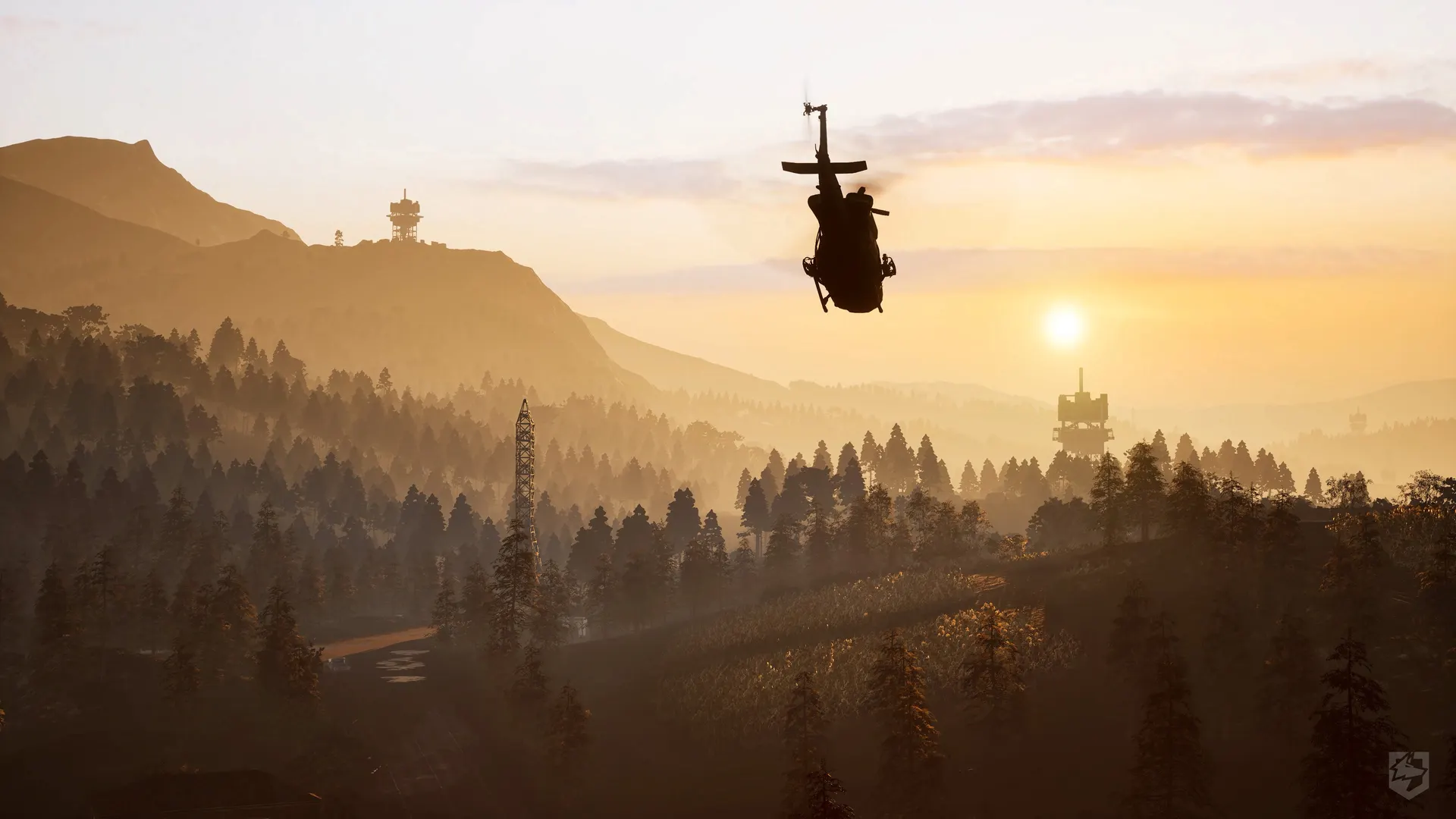 A helicopter flying over a mountain valley at sunset in WARDOGS
