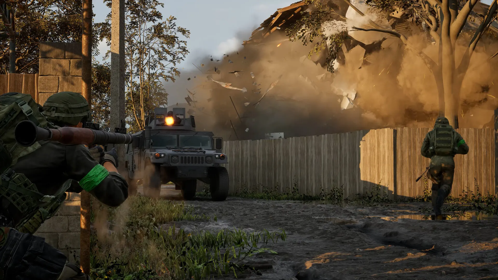 A WARDOGS squad firing beside a collapsing wooden structure