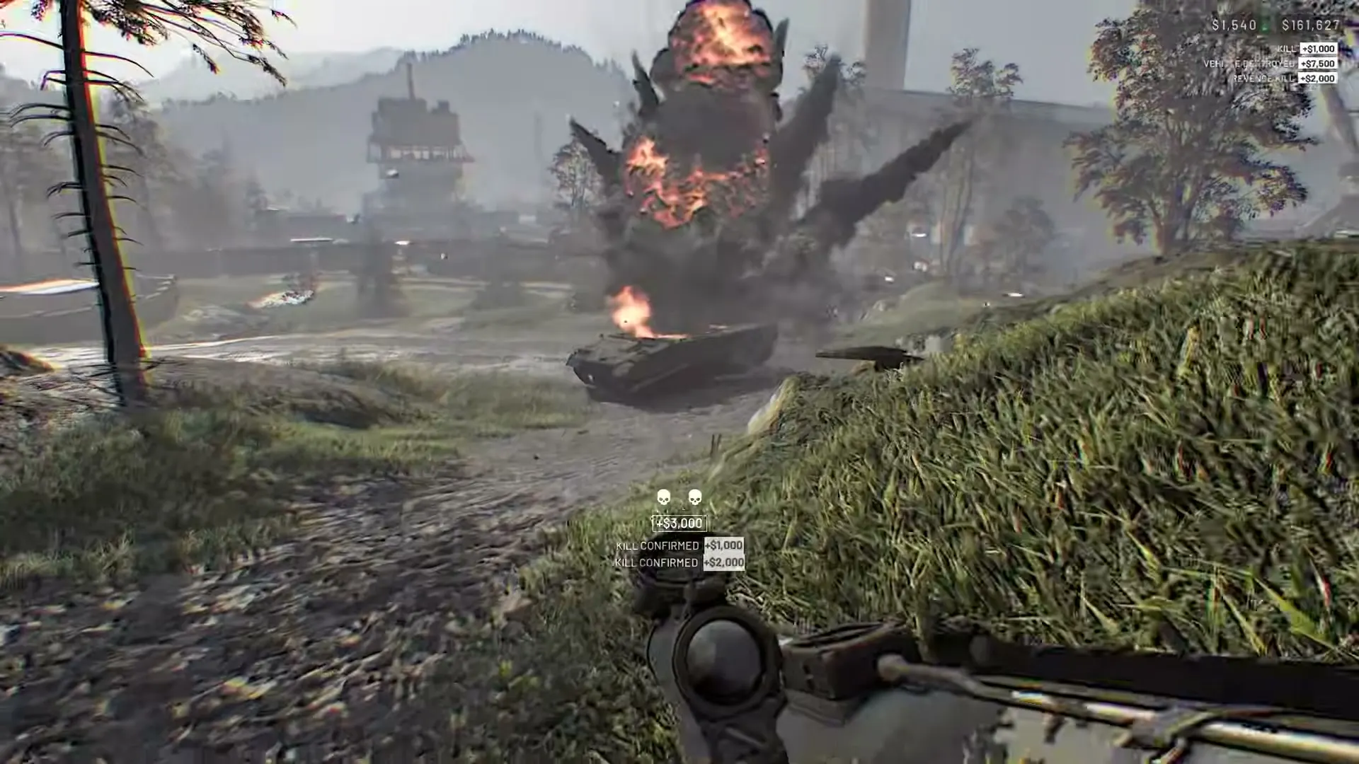 A burning armored vehicle on a WARDOGS battlefield