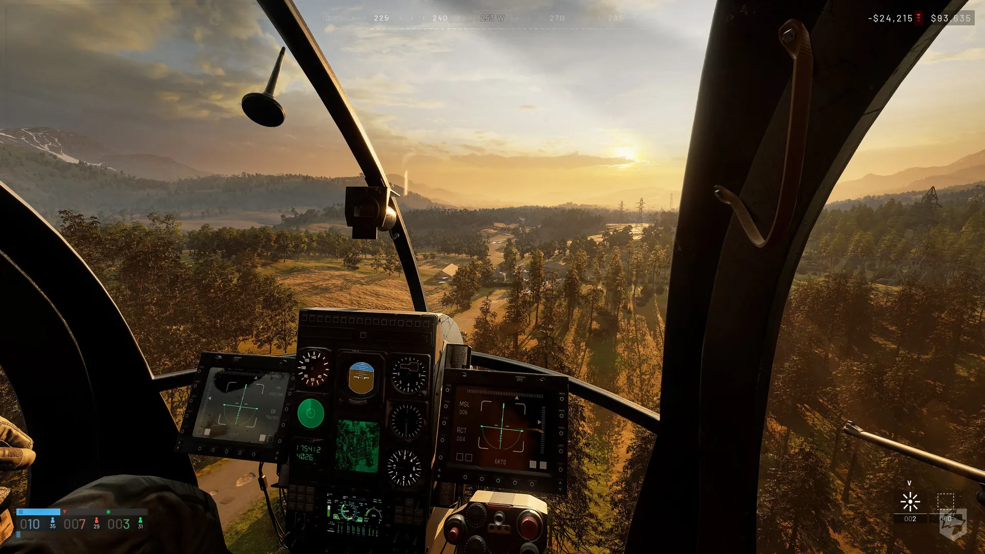 The cockpit view from a WARDOGS helicopter at sunset